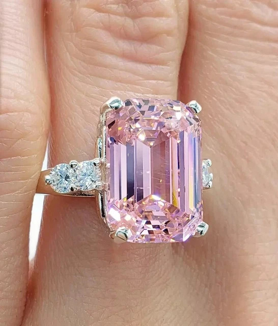 3Ct Emerald Cut Simulated Pink Sapphire Engagement Ring 14K White Gold Plated