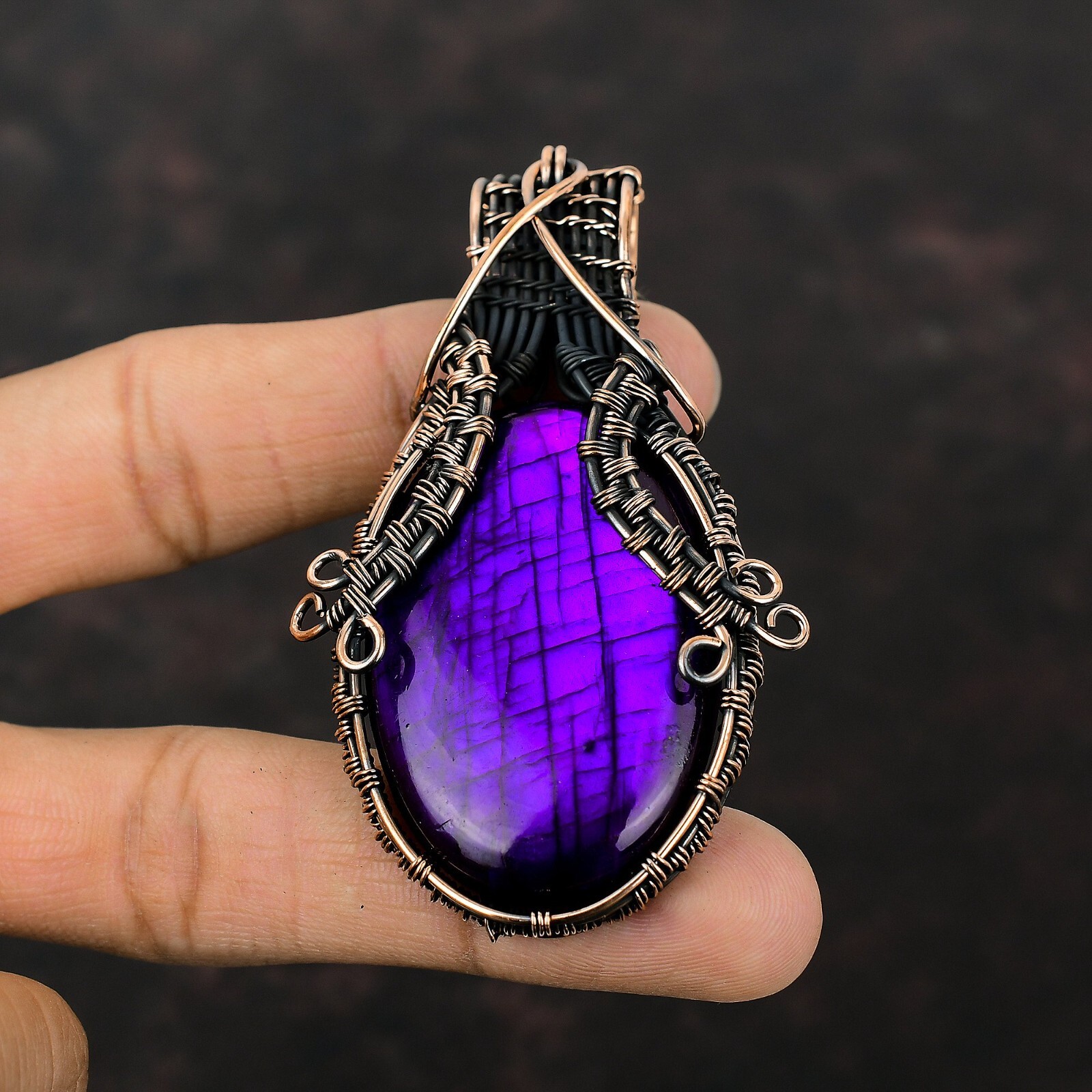 Purple Fire Labradorite Wire Wrapped Pendant Handcrafted Copper Dailywear 3.07″