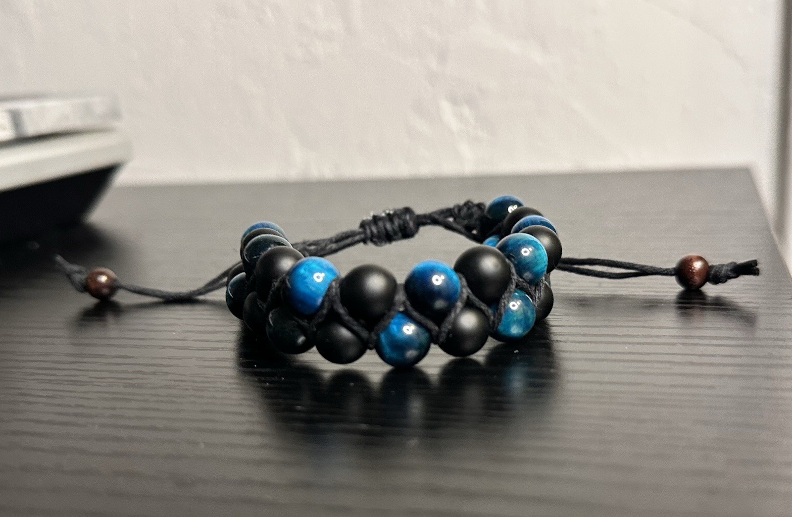 Blue Tiger Eye & Matte Onyx Double Row Bracelet 6.5″ Handmade Hemp