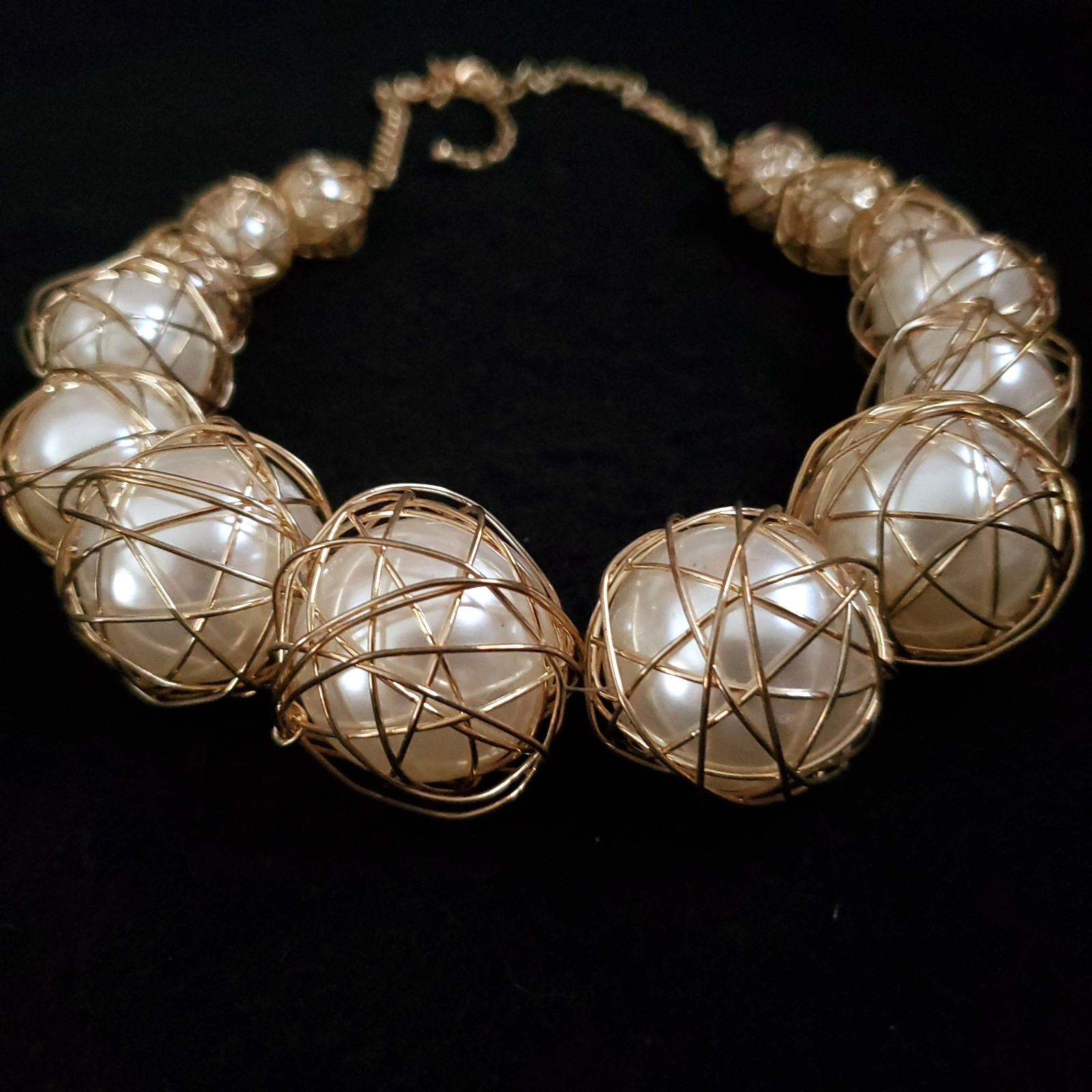 Chunky Statement Necklace Gold Tone Wire Wrap Faux Pearls Runway 23″
