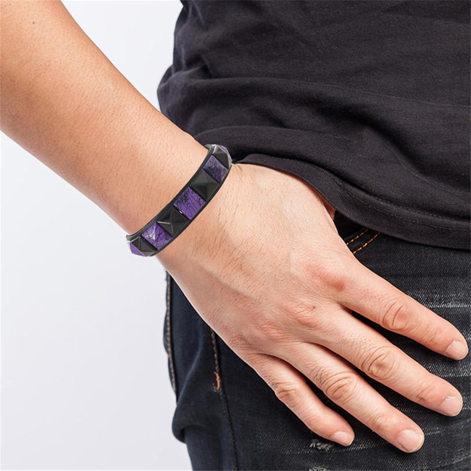 Gothic Punk Checkered Bracelet Set PU Leather Wristbands 3 Pack Balck & Purple