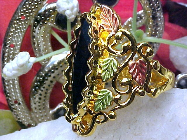 Black Hills Design Ring + Grape leaves + Black Onyx 925 Vermeil Sz 7.5