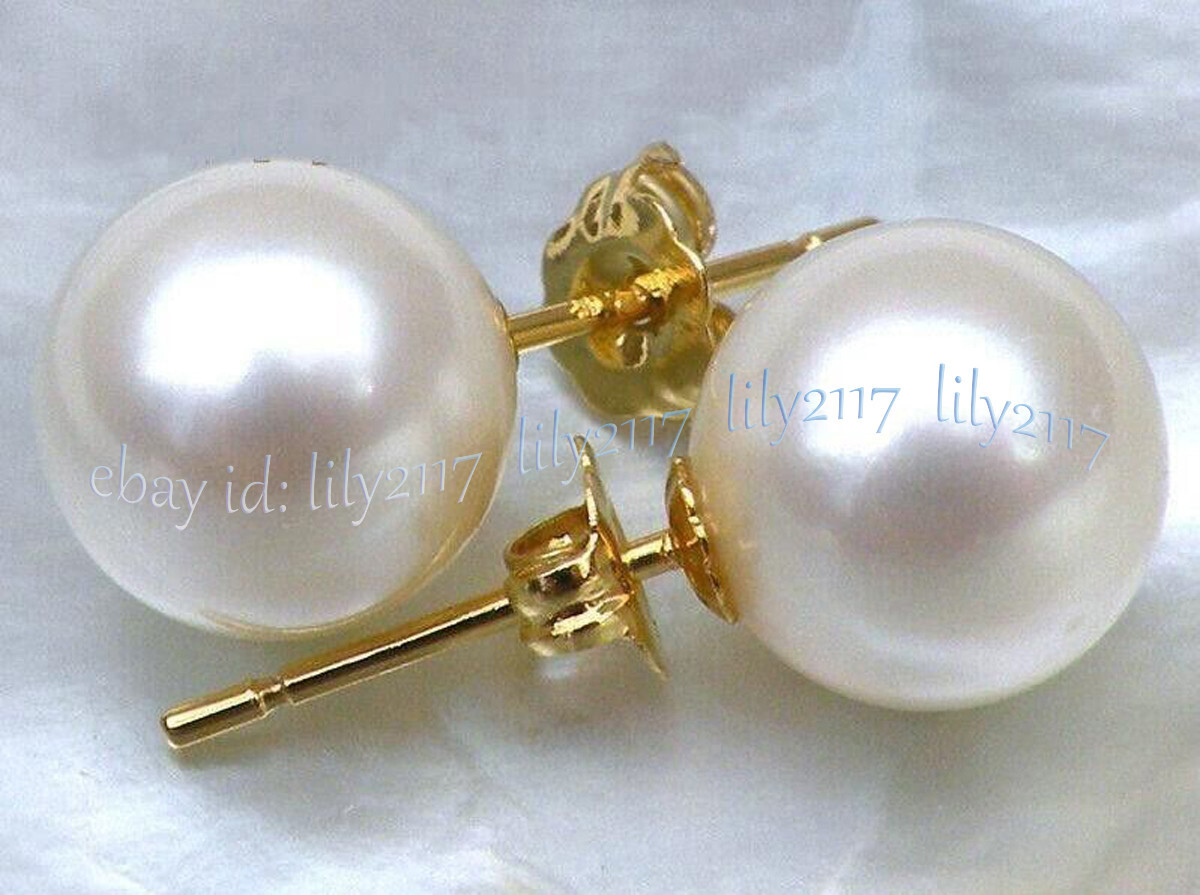 PERFECT AAA++ NATURAL REAL WHITE ROUND PEARL STUD EARRINGS 14K GOLD
