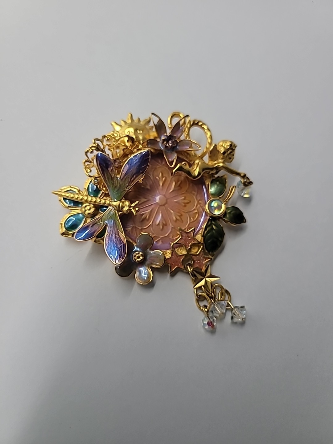 Vintage Kirks Folly Fairy Dragonfly Garden Brooch Iridescent Medallion Retired