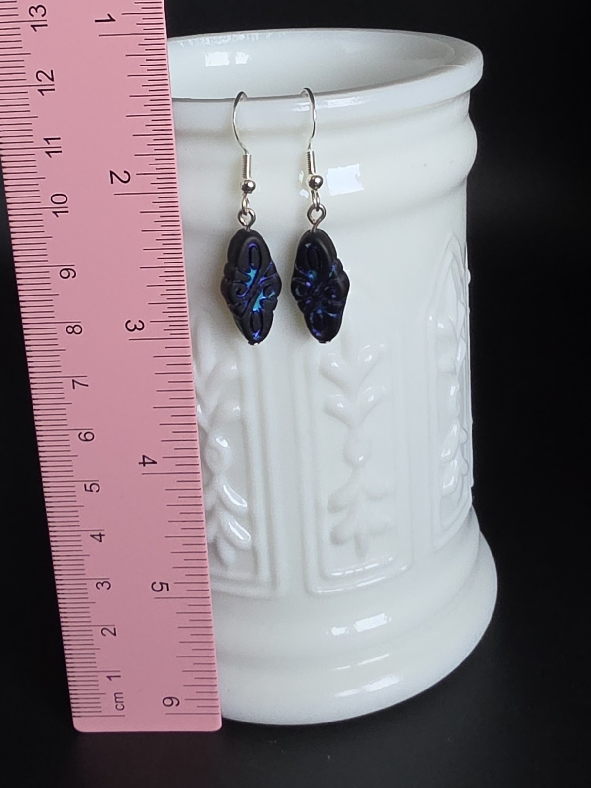 Czech Blue Iridescent Beautiful Diamond Shaped Glass Earrings Handcrafted