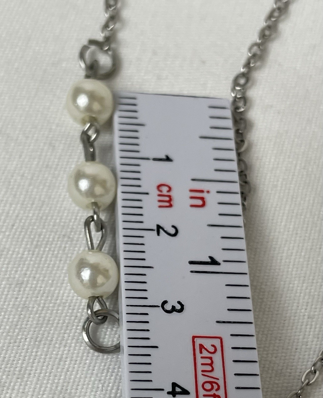 3 Strand Faux Pearl Layered Chain Necklace 18-24” Silver Tone Oval Link