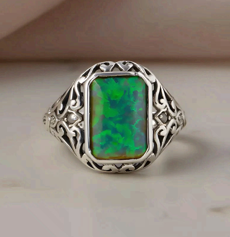Stainless Steel Green Opal Statement Ring Filigree Band Handmad