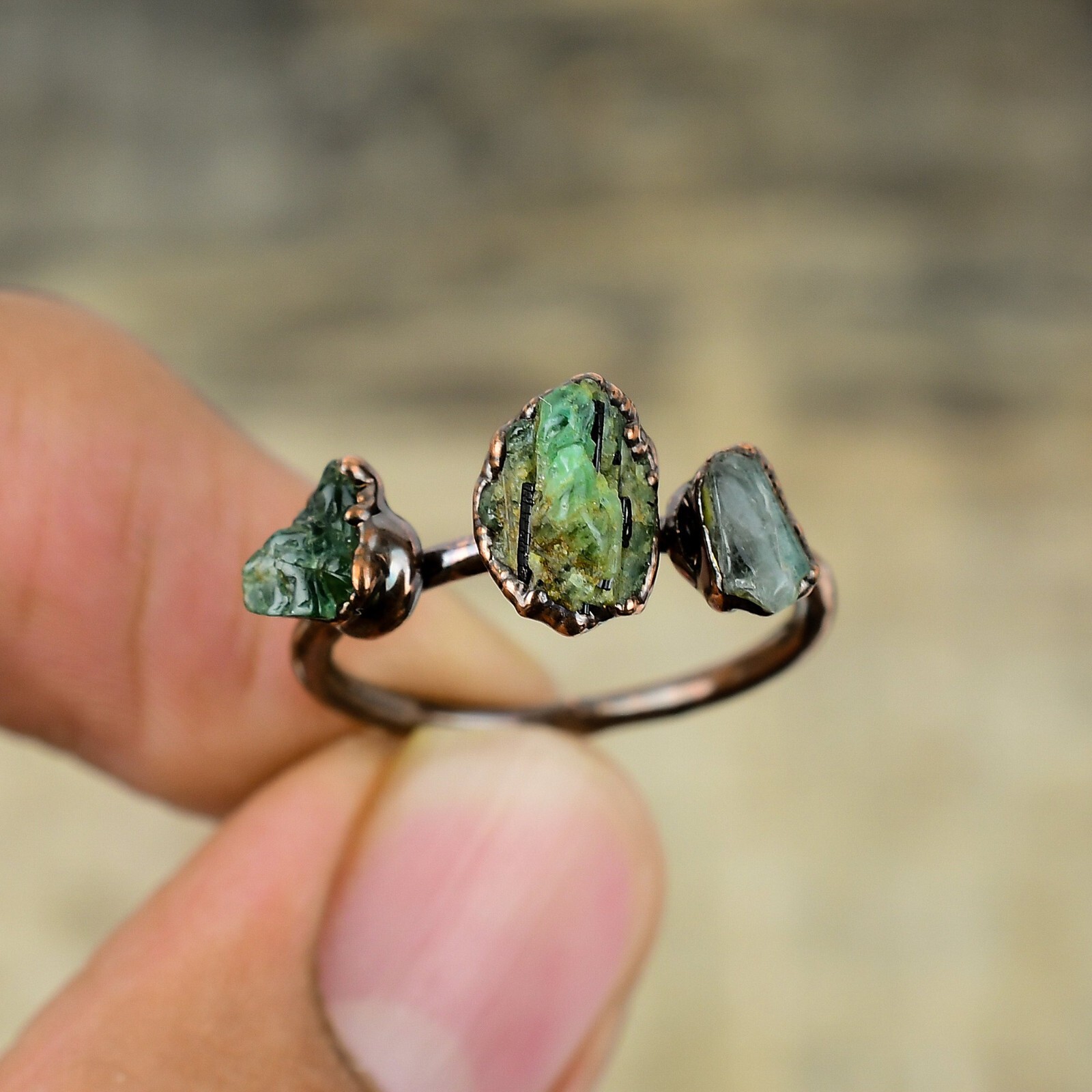 Green Tourmaline Rough Electroformed Adjustable Ring Size Adjustable Copper