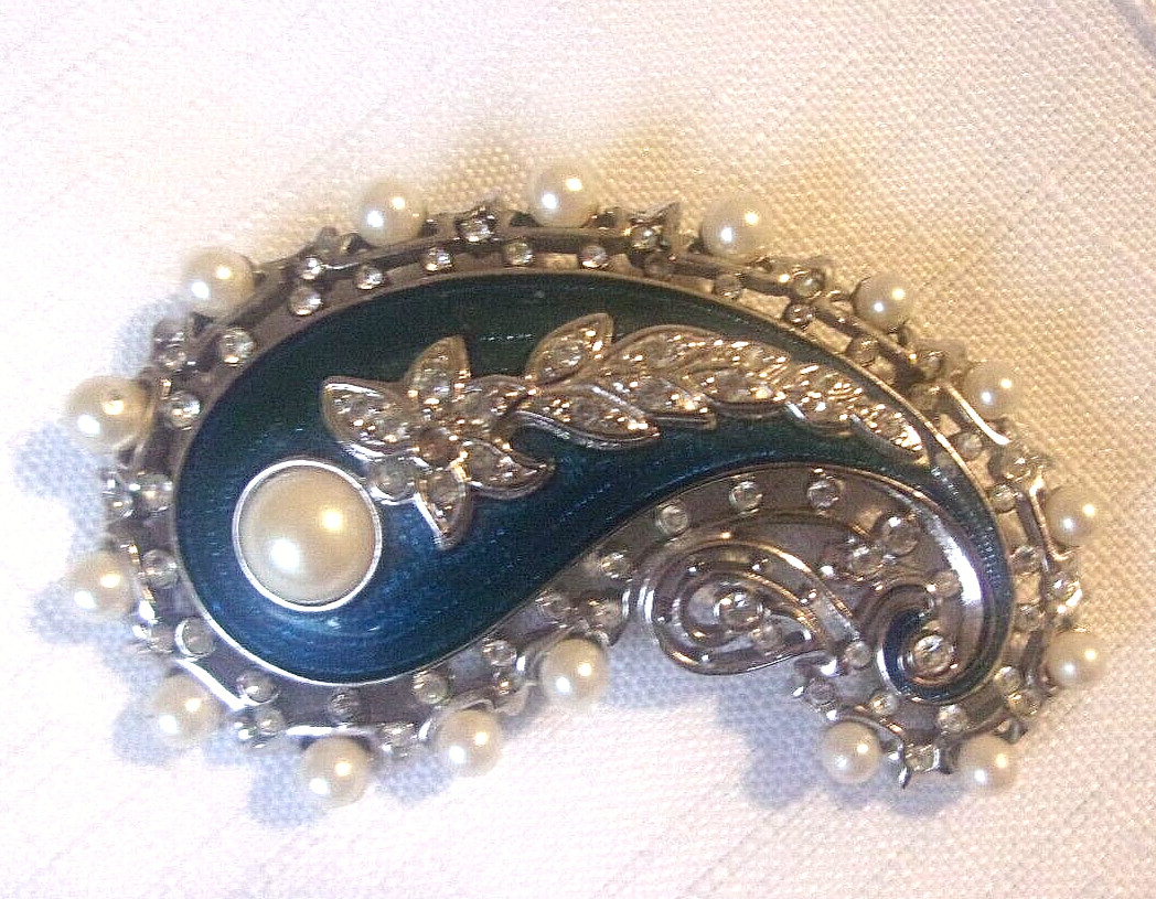 RARE Kenneth Jay Lane KJL Jeweled Cobalt Blue Paisley Faux Pearl & Crystal Pin