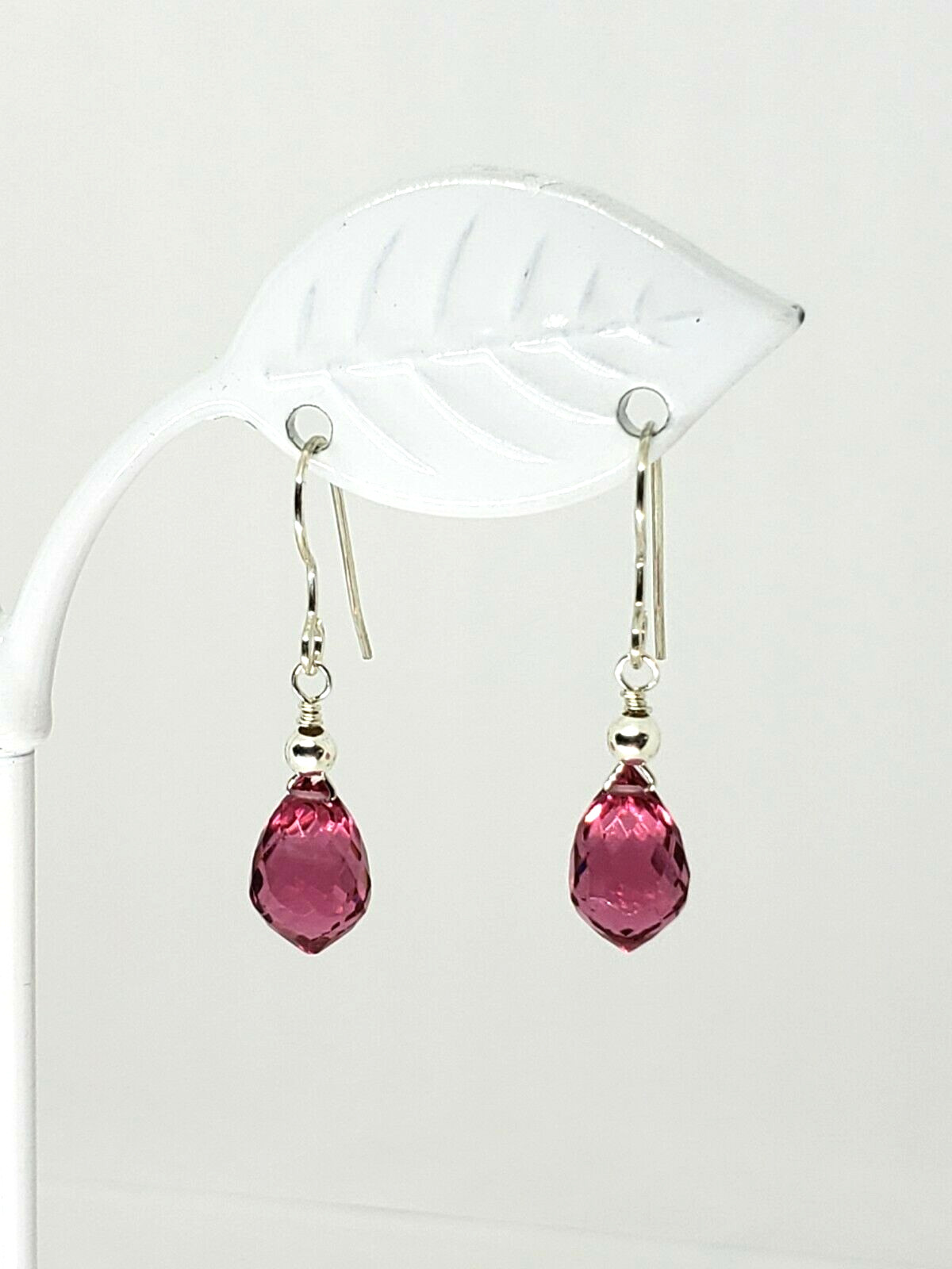 Sterling Silver Pink Rubellite Tourmaline Quartz Briolette Drop Dangle Earrings