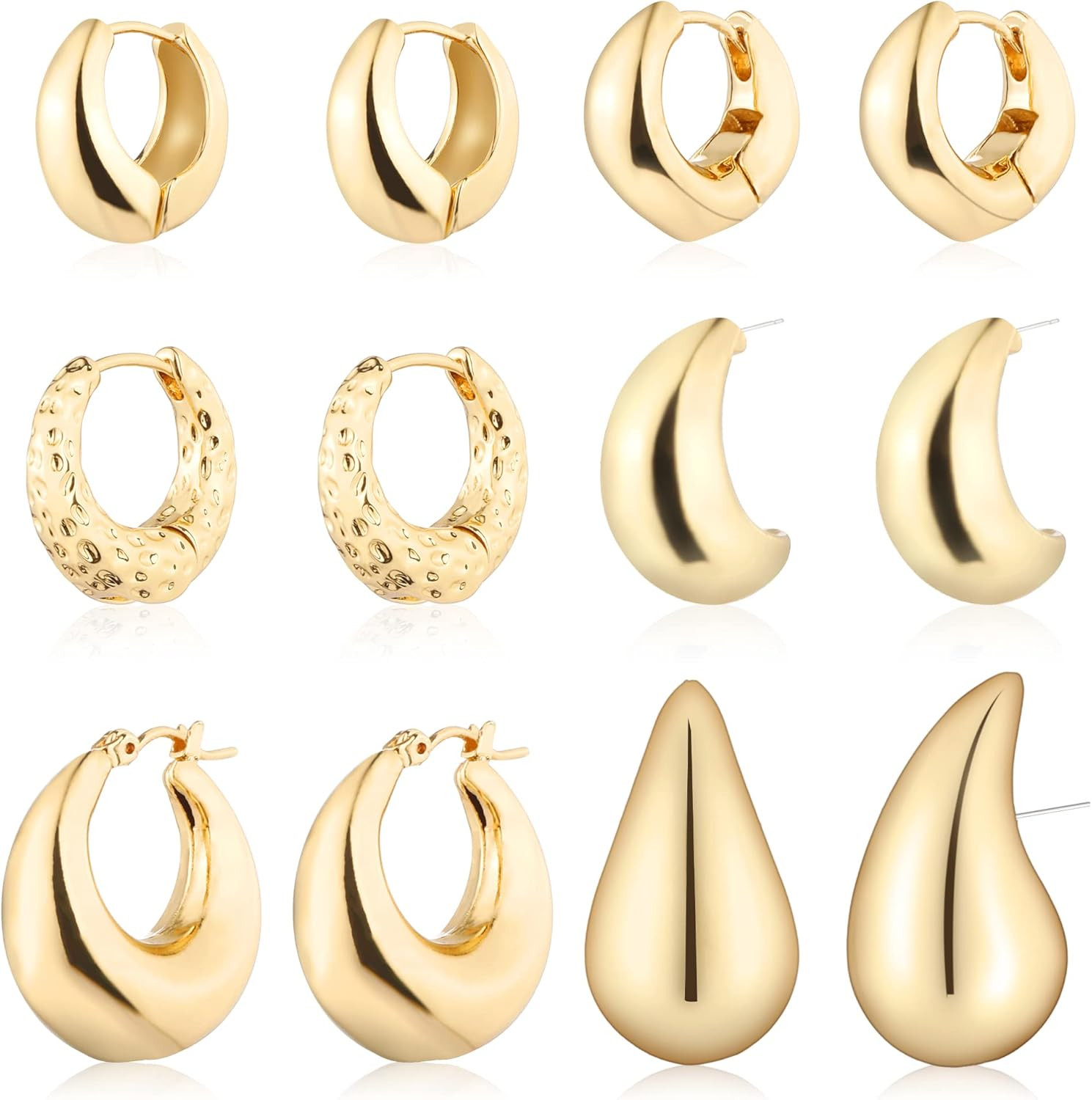 6 Pairs Gold Hoop Earrings Set for Women Hypoallergenic, 14K Gold Plated Lightwe