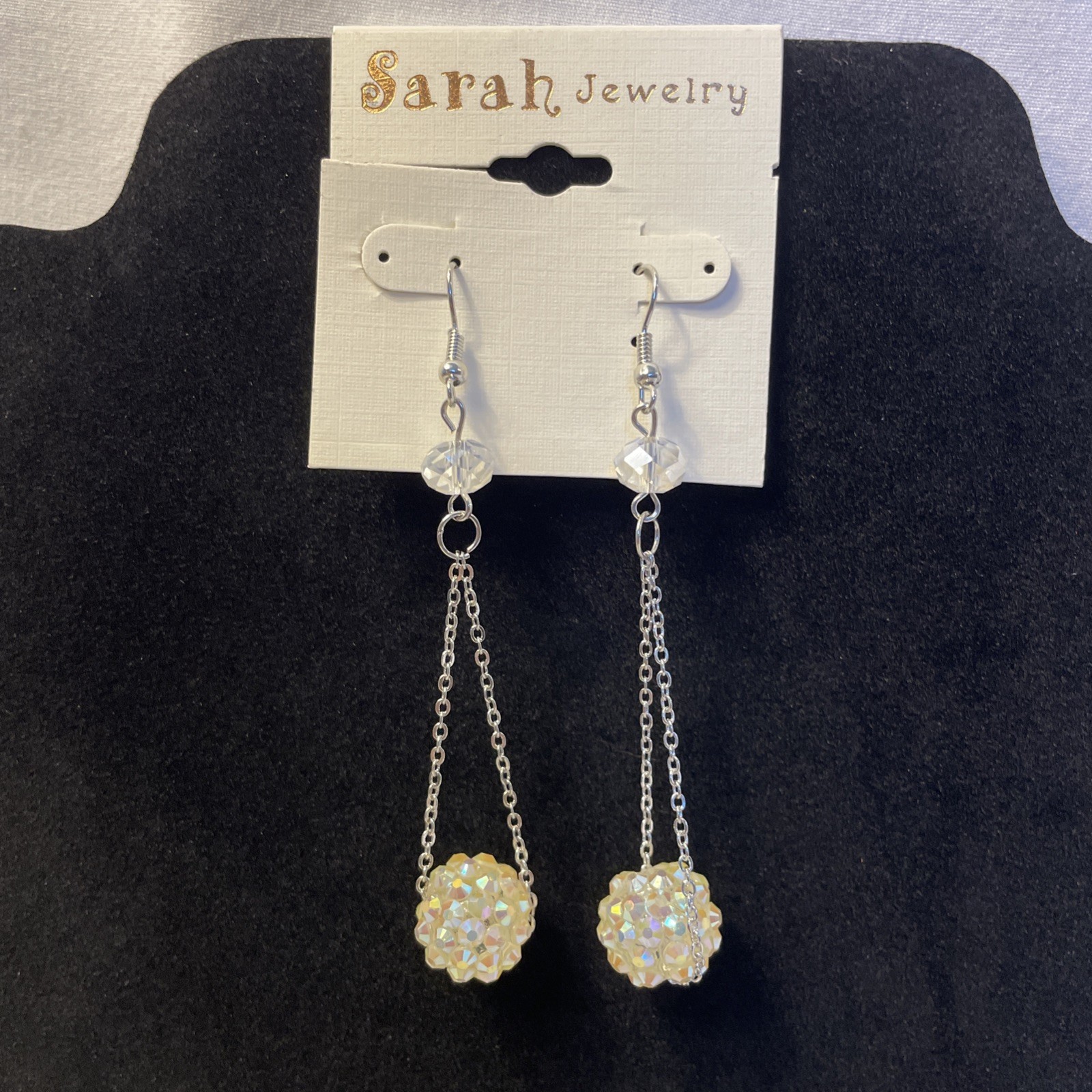 Sparkle White Disco Ball Shamballa Dangle Earrings Silver Tone 3.5 in Chain Drop
