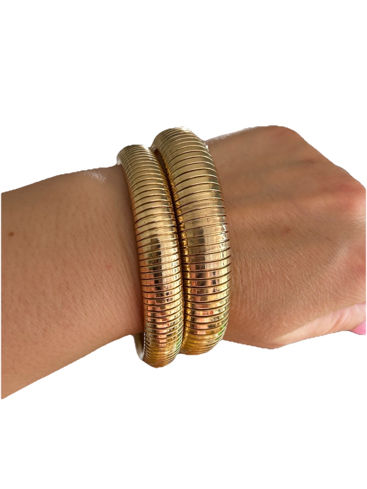Set of 2 Gold Tone Tubogas Coil Stretch Bracelets Ribbed Bangle Stack