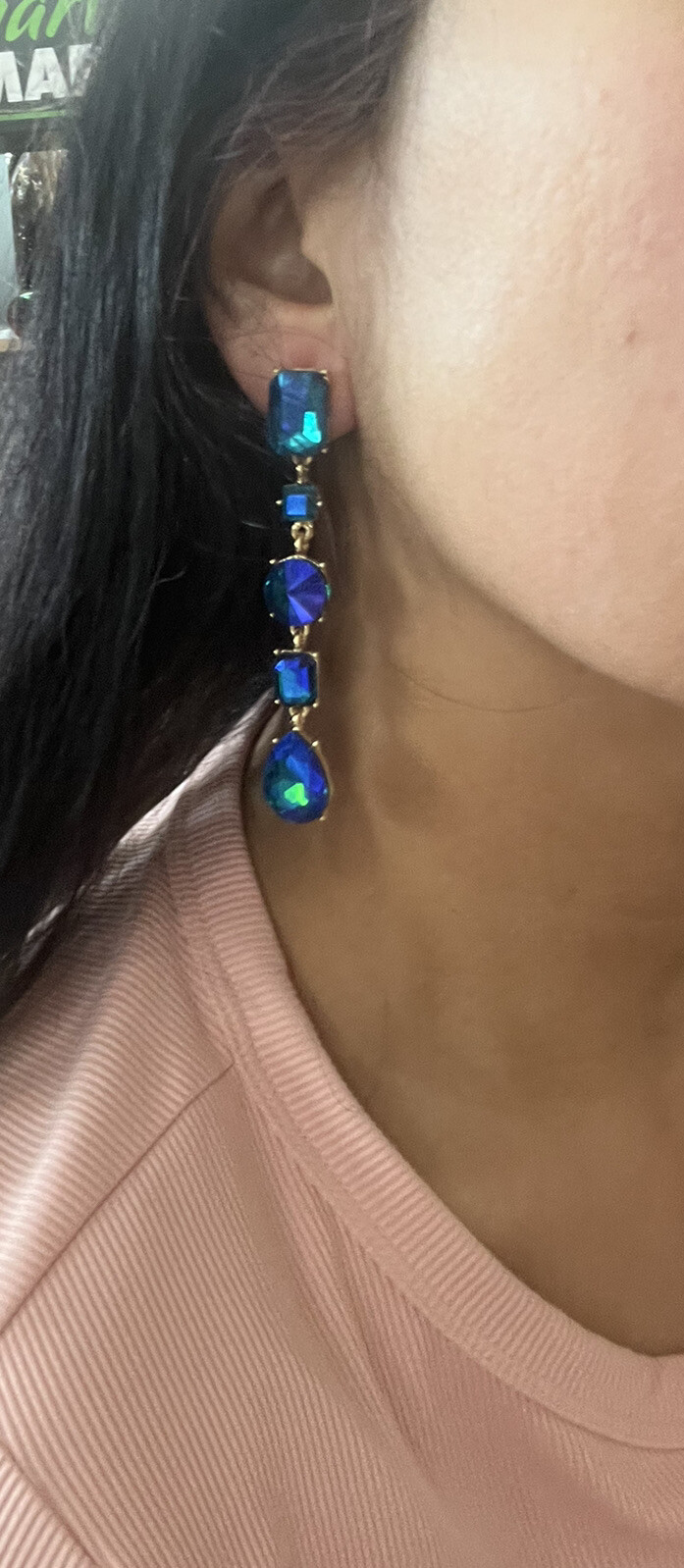 Blue Ab Earrings Green Blue Long Royal Drop Dangle Rhinestone Crystal Pageant