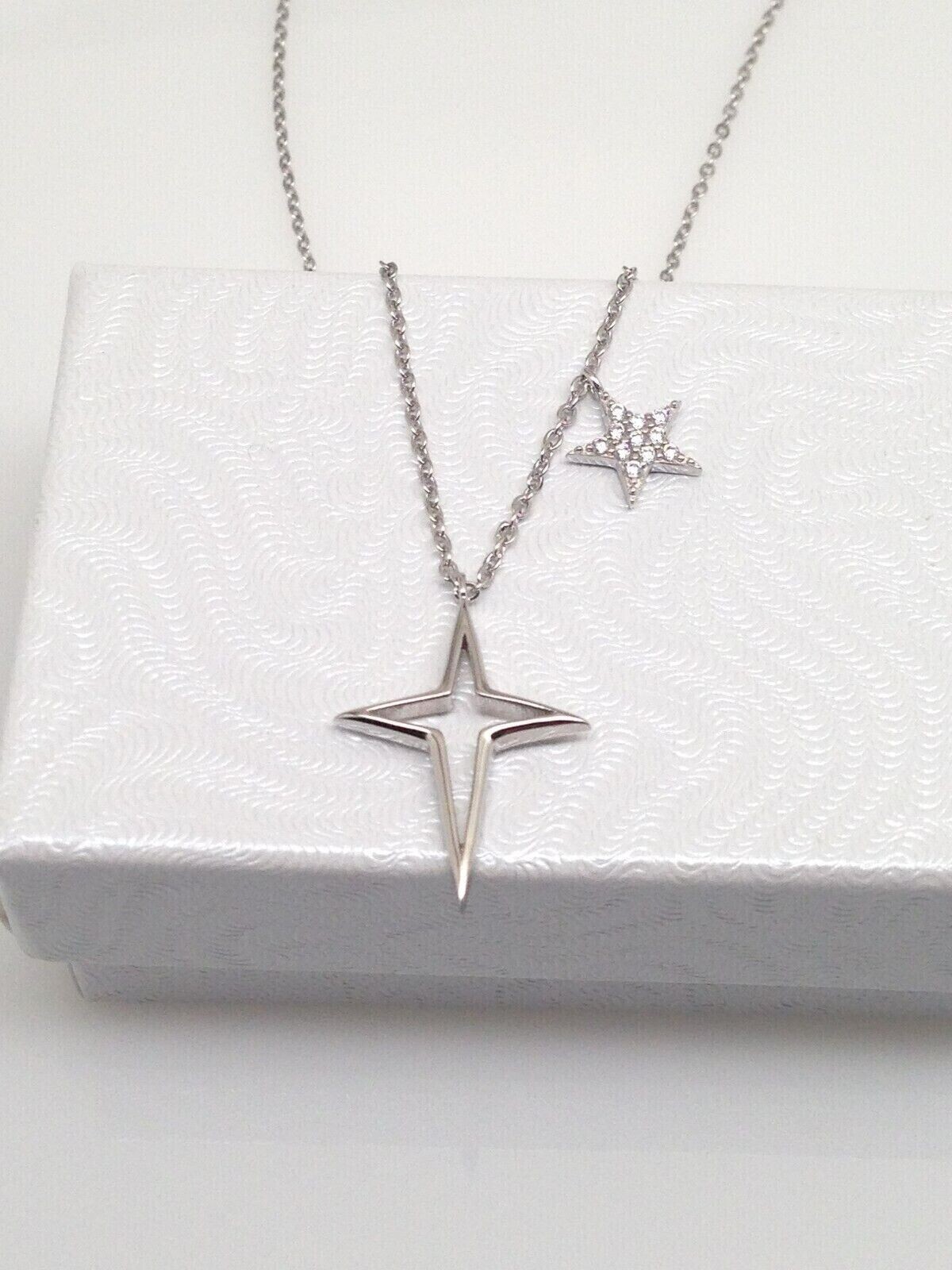 Star & North Star Pendant Necklace Sterling Silver 925 CZ Women 7mm/19mm(0.75″)