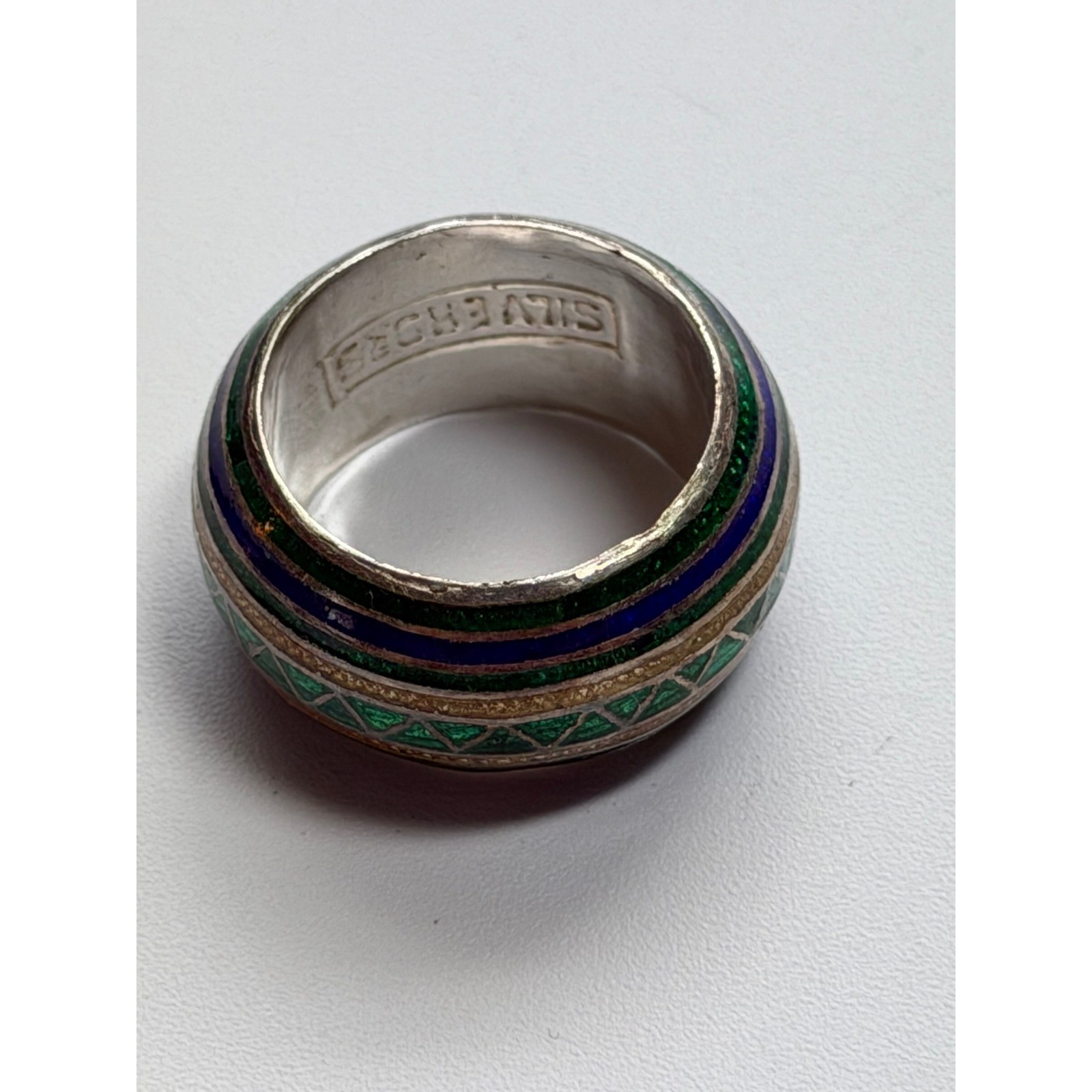 Silver 925 Sterling Silver Enamel Dome Band Ring Green Blue Gold Size 8