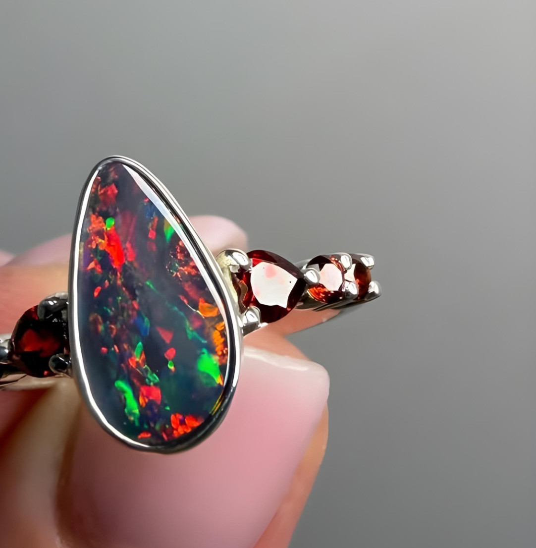 Natural Black Opal Pear Ring 925 Sterling Silver Welo Multi Fire Opal Jewelry