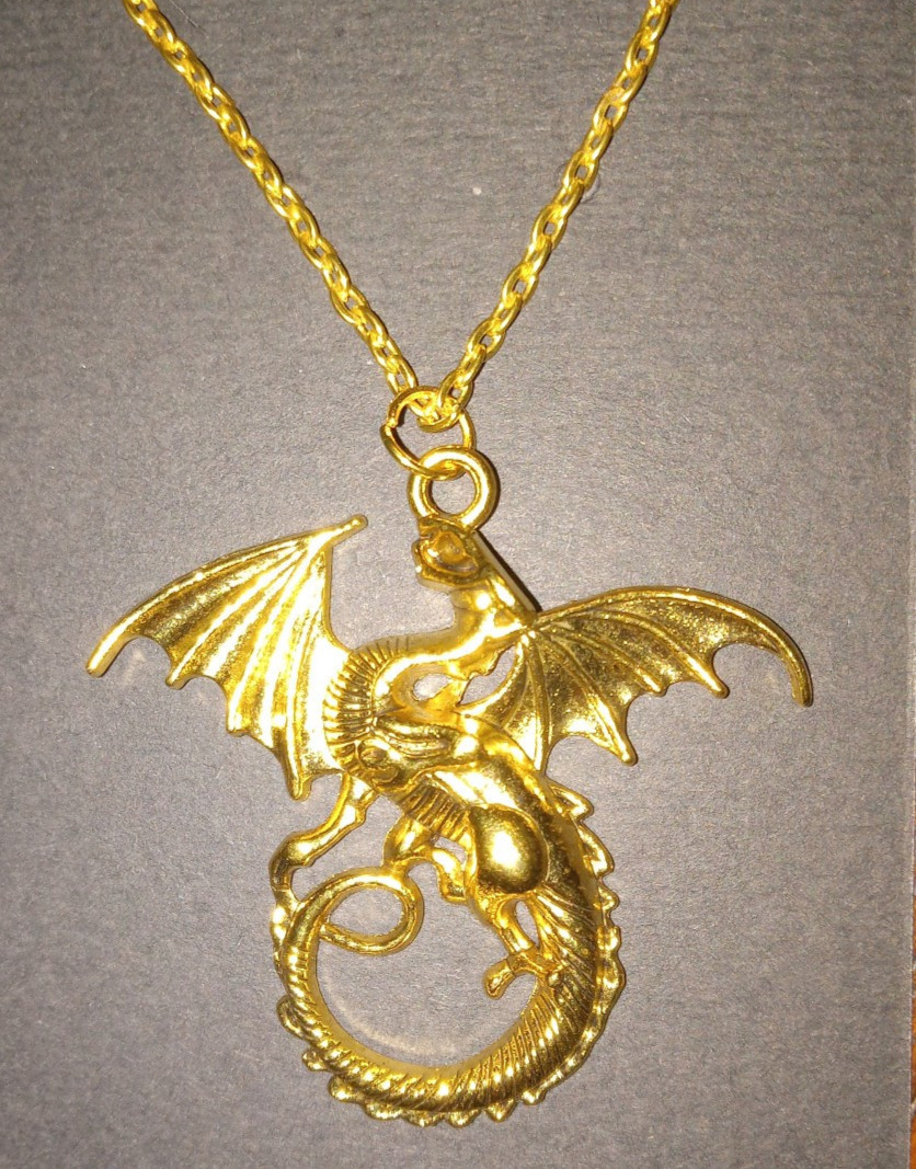 Goldplated Dragon Pendant Necklace, 22″ chain, Edwardian, Steampunk Goth Magic!