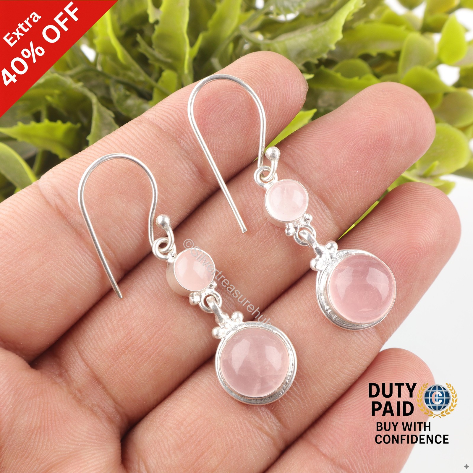 925 Sterling Silver Round Rose Quartz Gemstone Handmade Drop Wedding Earrings
