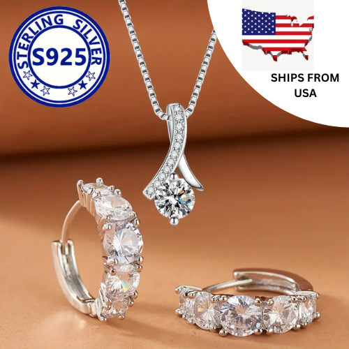 Women 17 in Necklace/Earrings 4 CT Sterling Silver 925 Brazilian Clear Sapphire