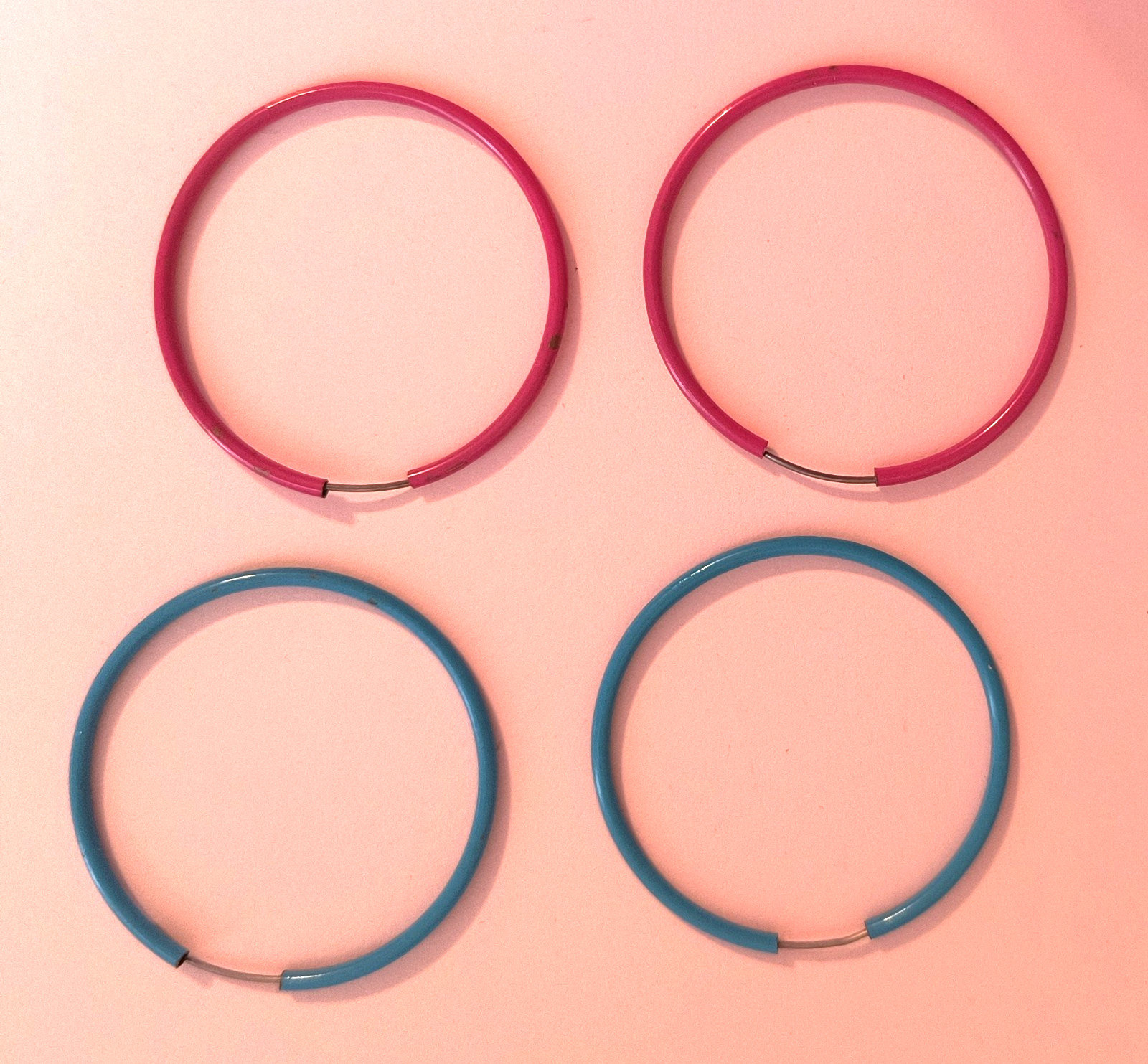 2 Pairs Hoop Metal Earrings for Pierced Ears Aqua Dark Pink 1 3/4 Inches