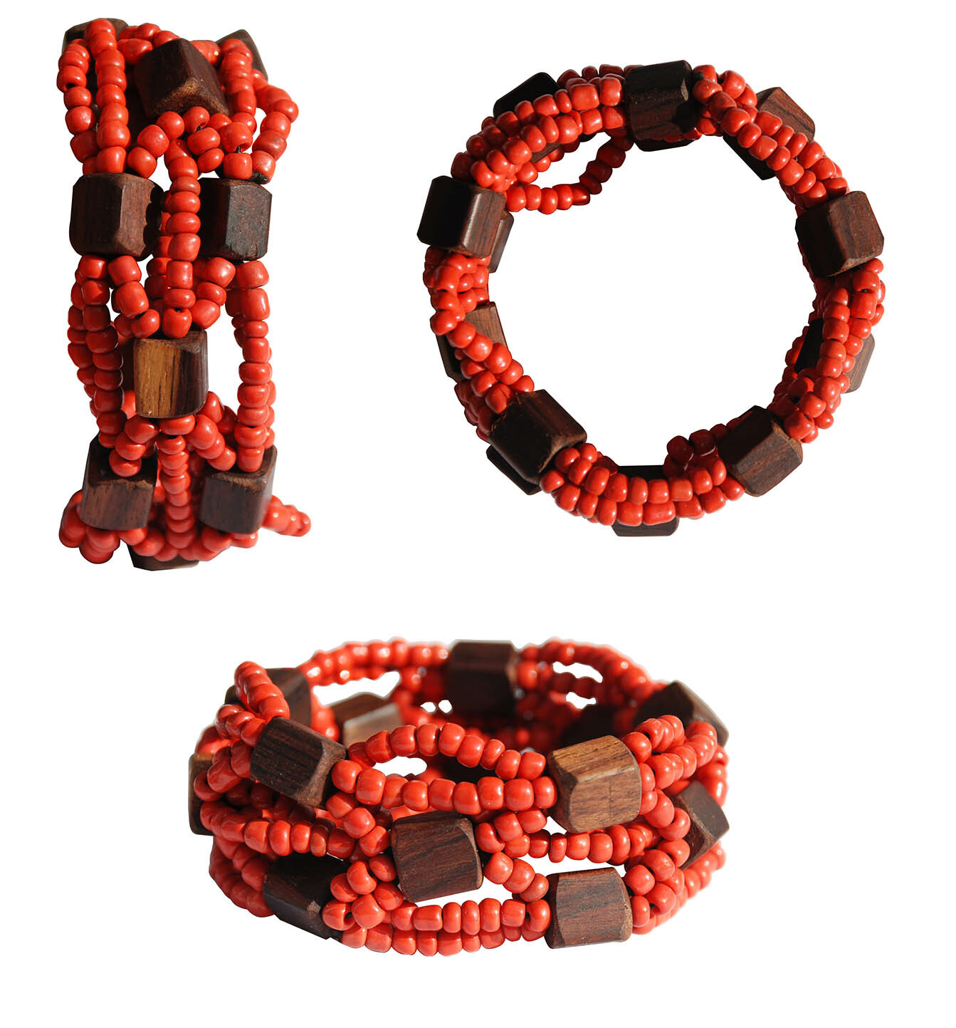Beautiful RED 10-Strand Elastic Glass Beaded Bracelet With Dark Hard Wood Bead