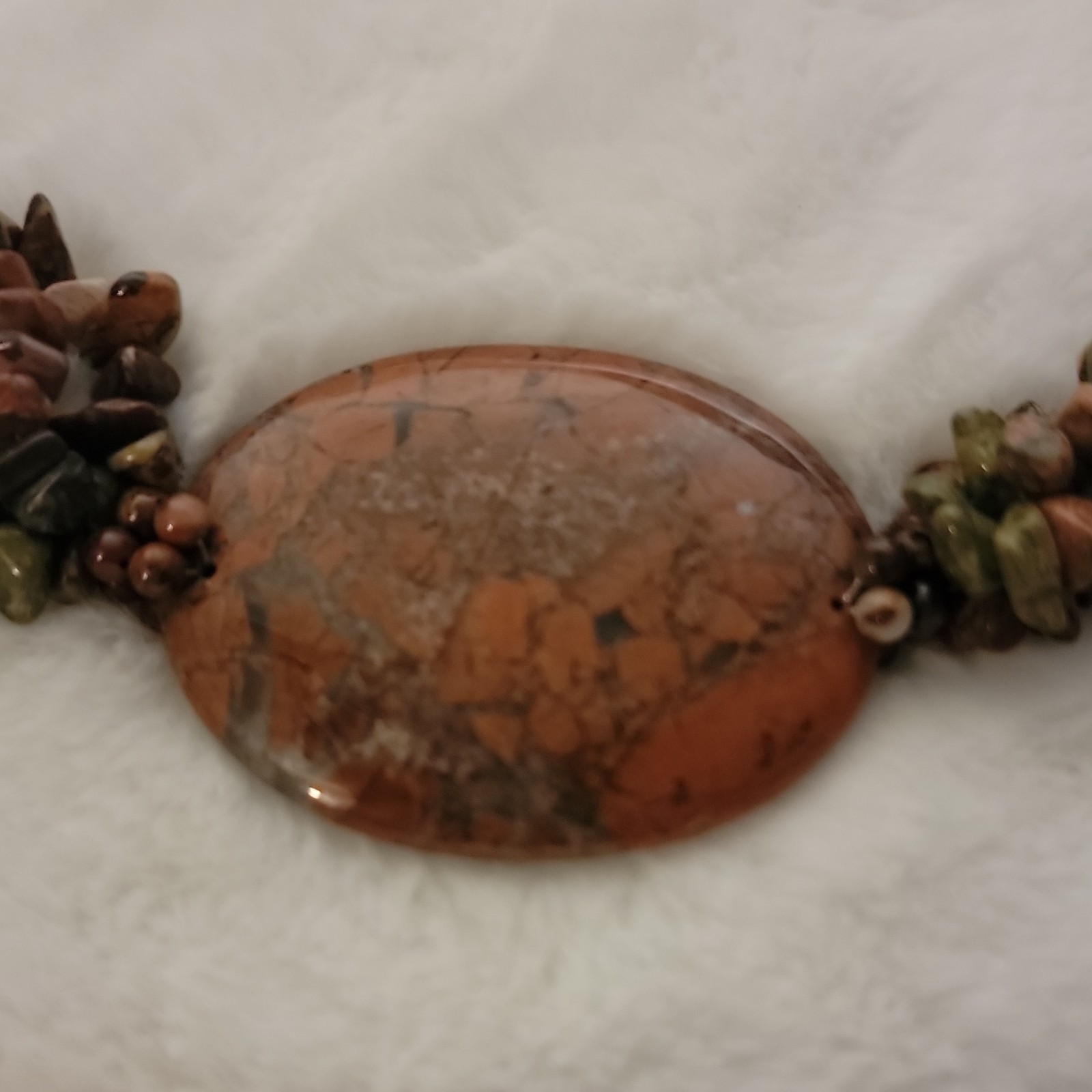 Jasper Chip Beaded Necklace Oval Pendant Brown Green Hook Clasp 18in