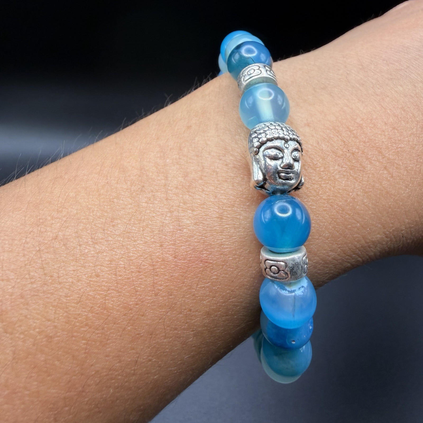 Blue Beads 8mm Stone Metal Buddha Charm Bracelet New