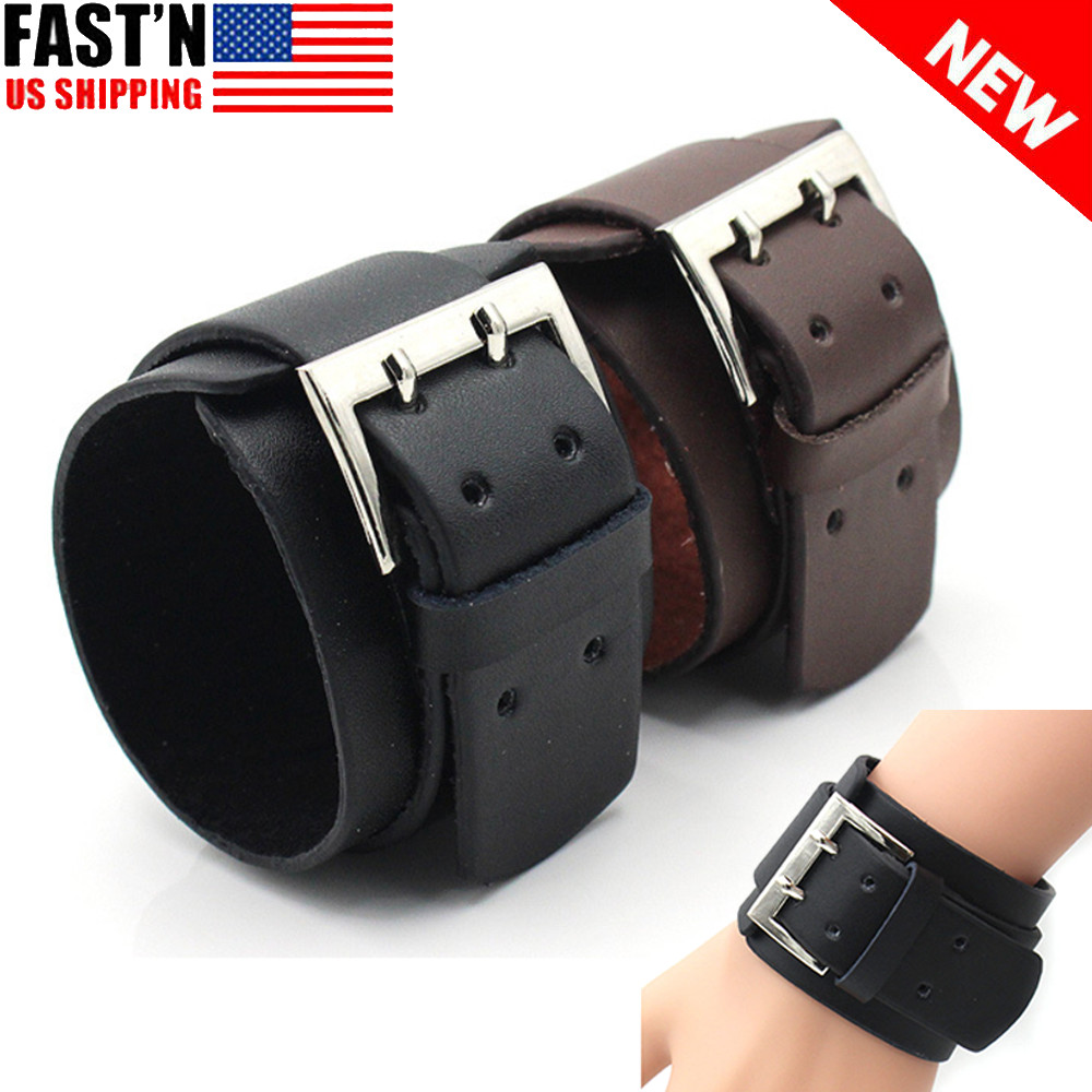 Men’s Punk Rocker Biker Gothic Heavy Wide Leather Straps Wristband Cuff Bracelet