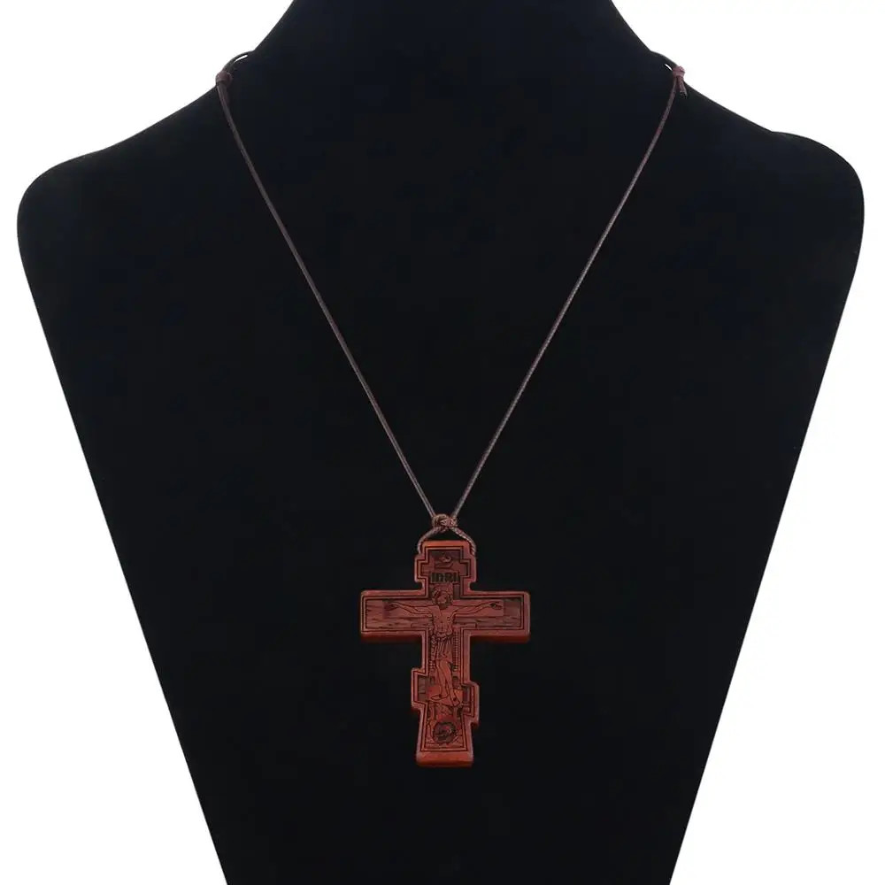 Jesus Christ Wooden Cross Religious Crucifix Christian Orthodox Pendant Necklace
