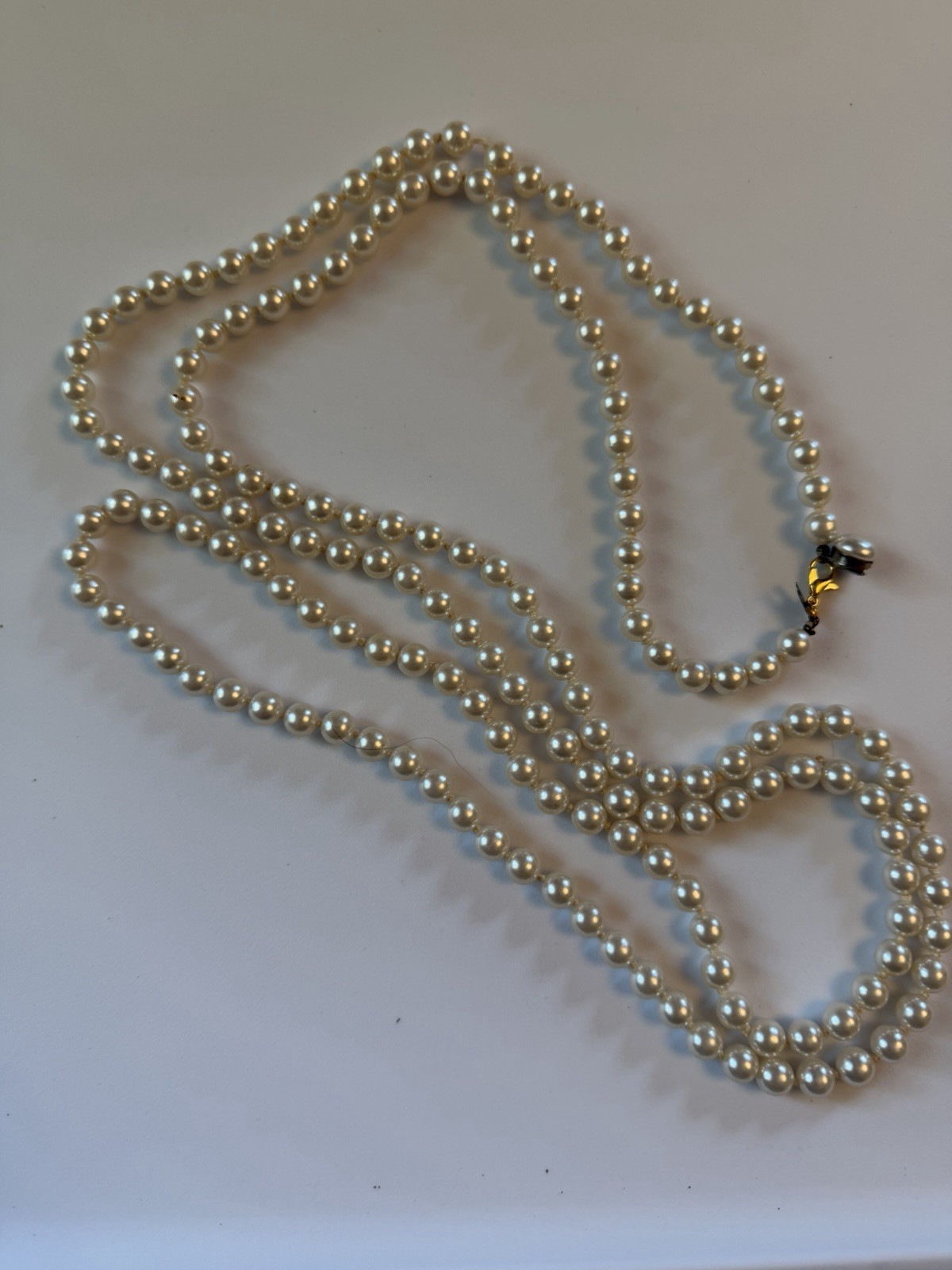 White Faux Pearl Beaded Strand Necklace 36in+, Round Beads, Spring Ring