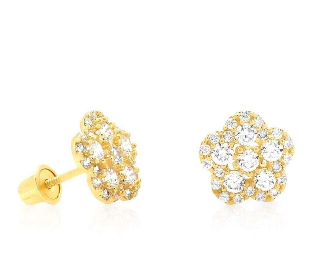 Pretty Flower Fancy Stud Earring Round Simulated Diamond 14k Yellow Gold Plated