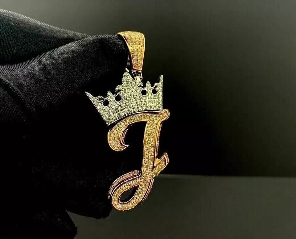 2Ct Round Cut Simulated Diamond Crown “J” Letter Pendant 14k Yellow Gold Plated