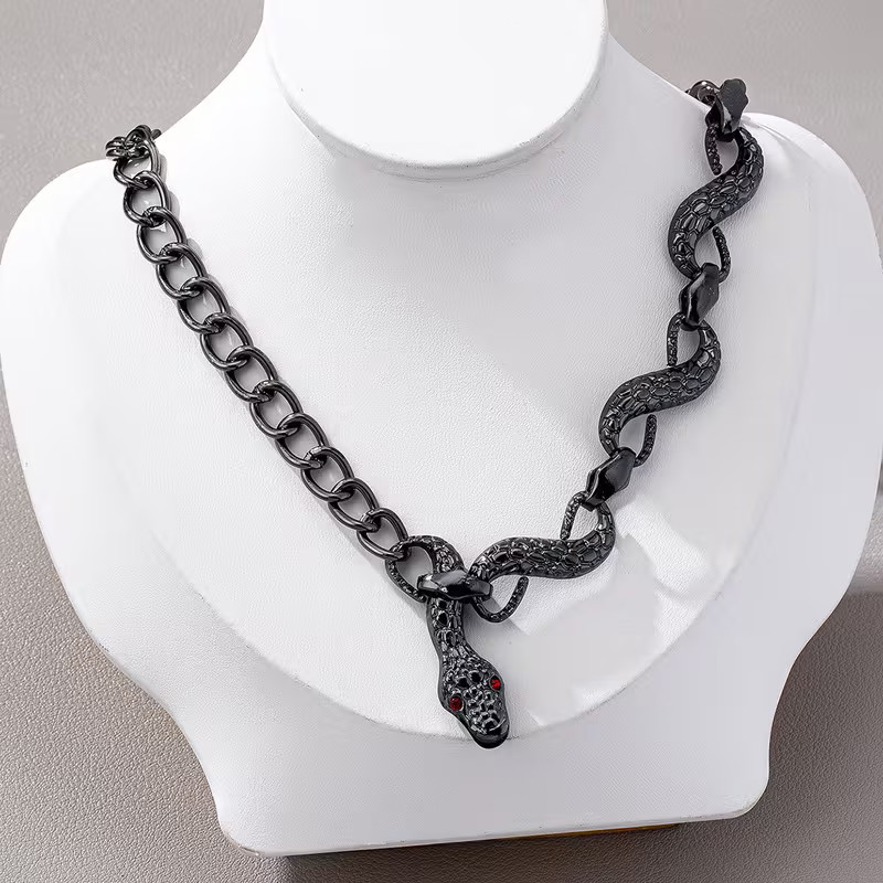 Snake Wrapped Chain Necklace Choker Metallic Black Gothic Serpent Jewelry 17.7in