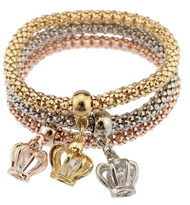 3PCS Gold Silver Love Crown Crystal Cuff Bangle Charm Elastic Bracelet Gift