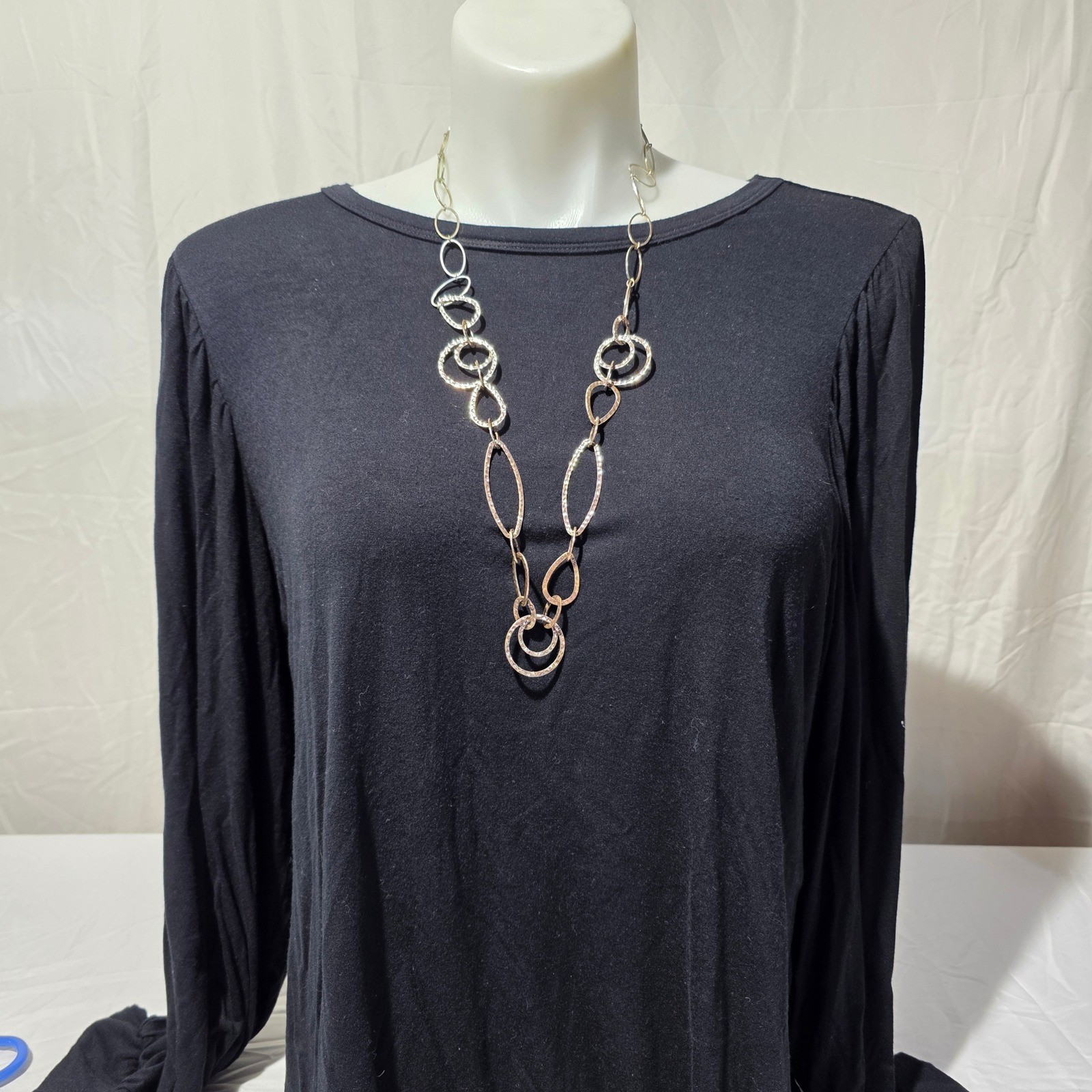 Silver Tone Hammered Mixed Link Statement Necklace Long Chain Textured Circles