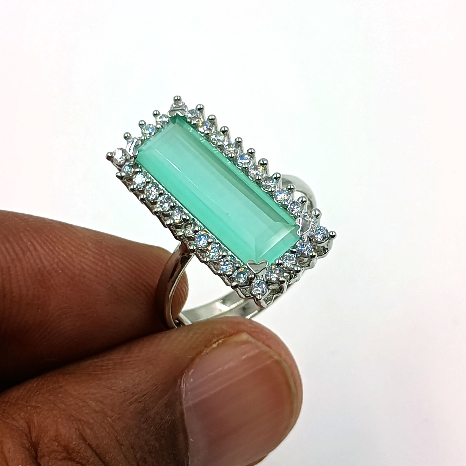 Elegant Aqua Chalcedony CZ Cocktail Ring Adjustable White Plated Boho Jewelry
