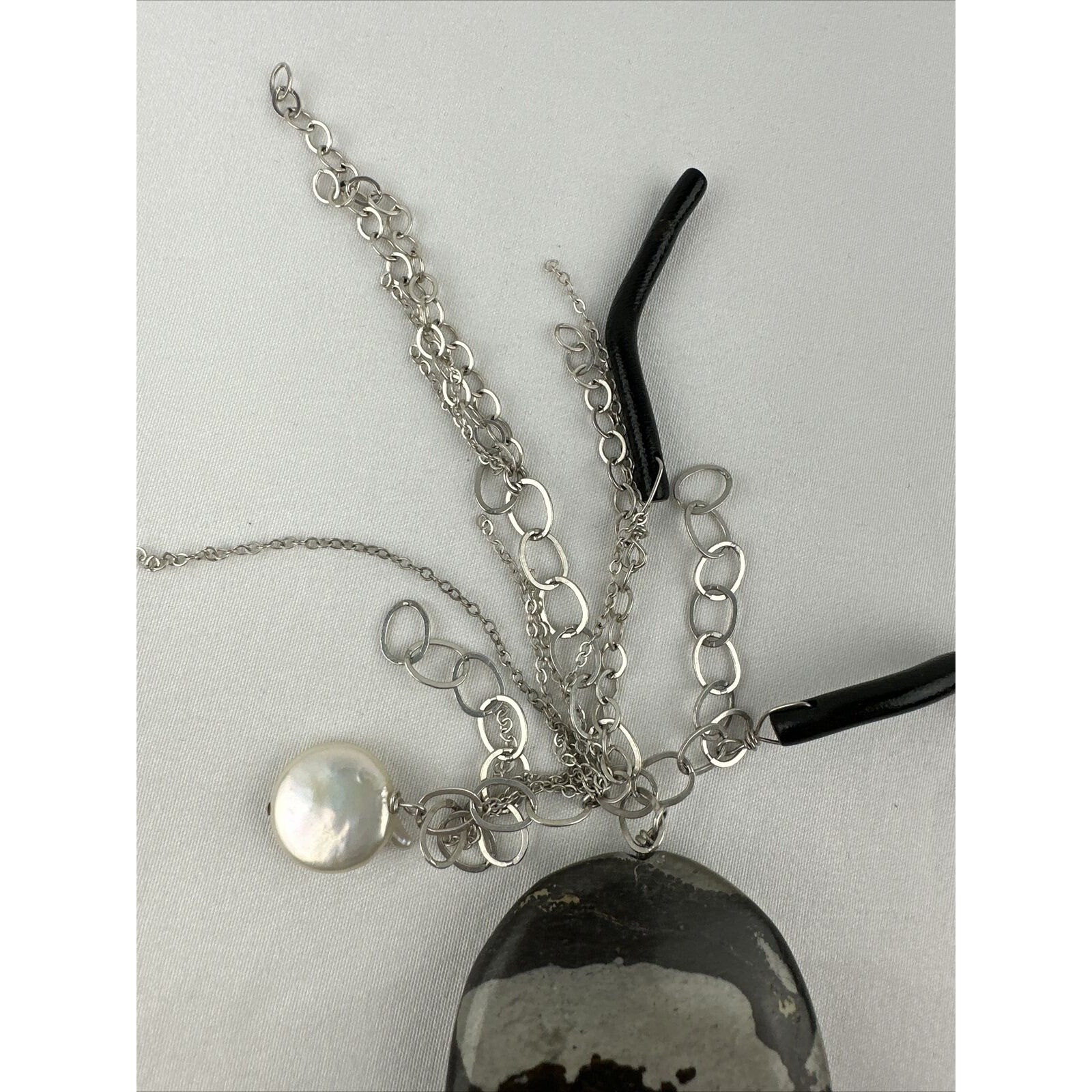 Artist Made Pendant Sterling Silver Chain Natural Pearl Marble Zebra Jasper