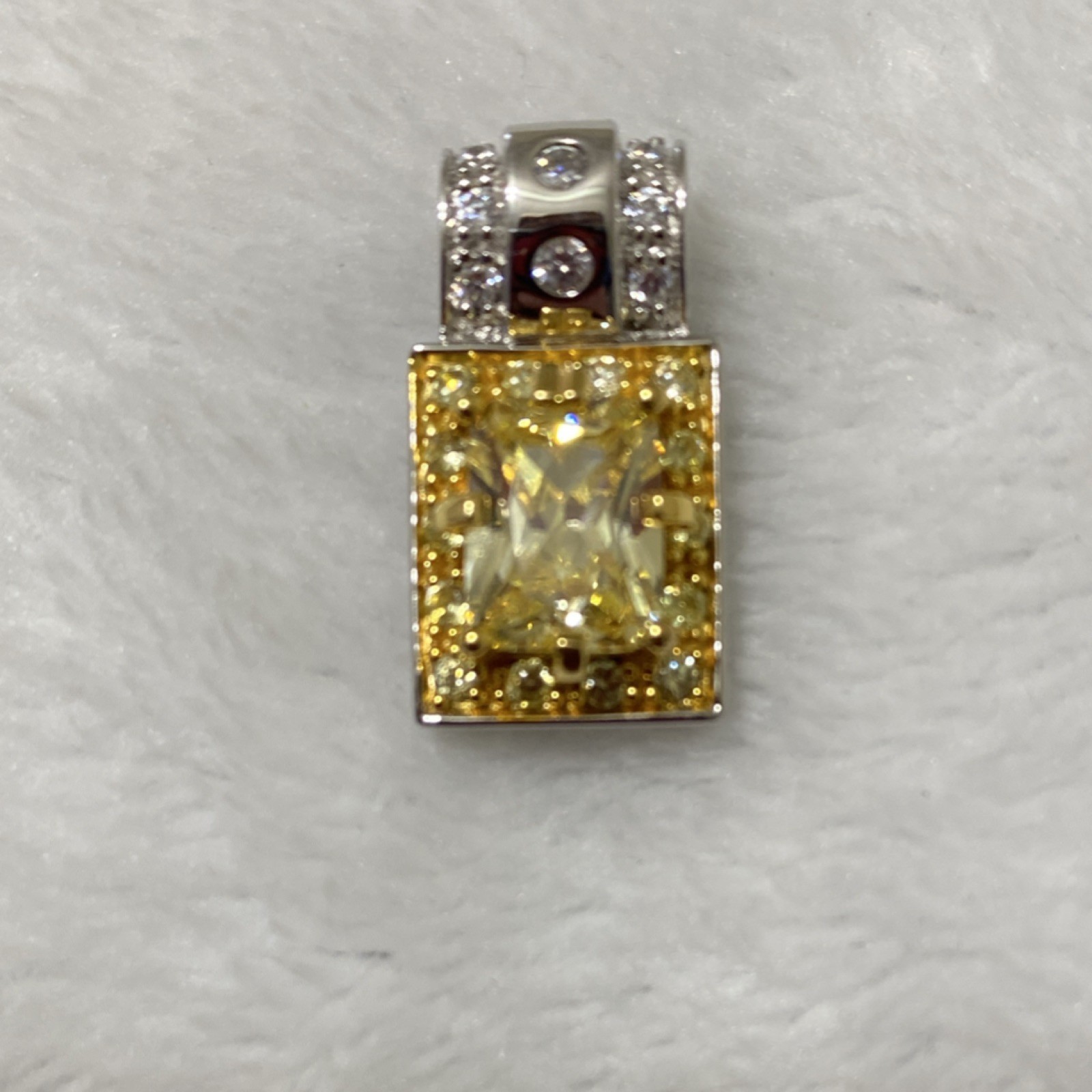 Radiant Rectangular Halo Solitaire Vibrant Canary Yellow Pendant.