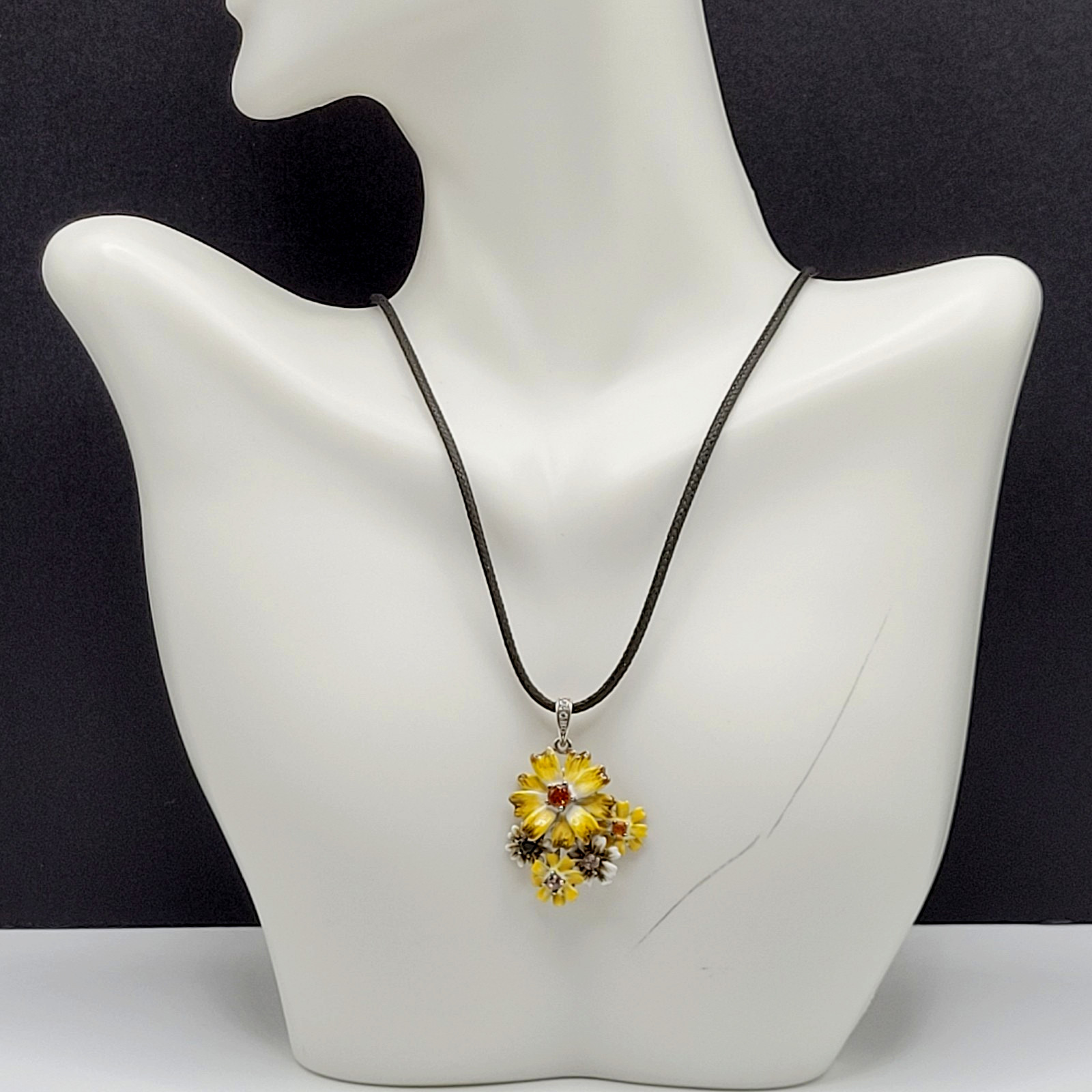 Yellow Flower Floral Bouquet Cluster 925 Pendant Black Cord Necklace 19 Inch