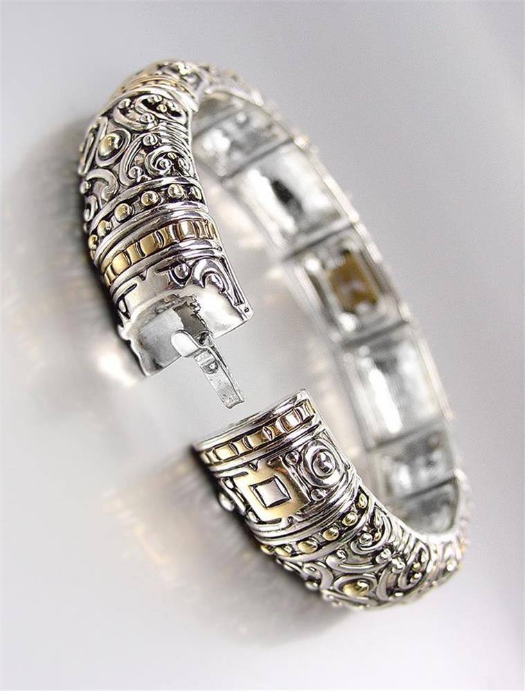 NEW Designer BALINESE Silver Gold Filigree Smoky Brown Crystals Stretch Bracelet