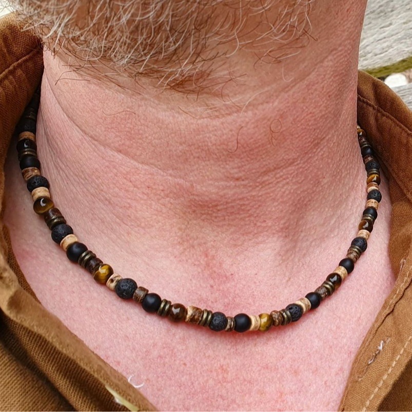 Mens Boho Necklace Tiger Eye Lava Stone Wood Beads Surfer Handmade Choker