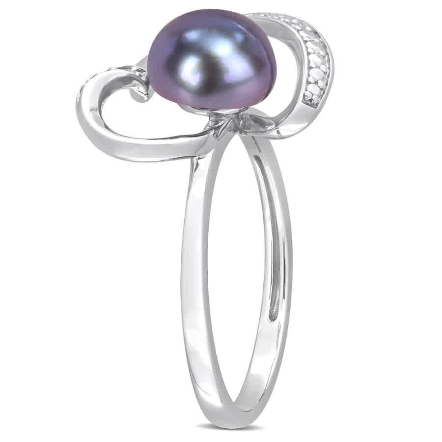 AMOUR 8-8.5mm Black Freshwater Cultured Pearl and Diamond Accent Heart Ring In