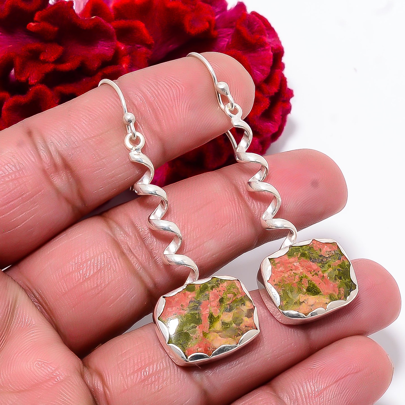 Natural Unakite Designer Handmade 925 Sterling Silver Earring 2.26″ E98510