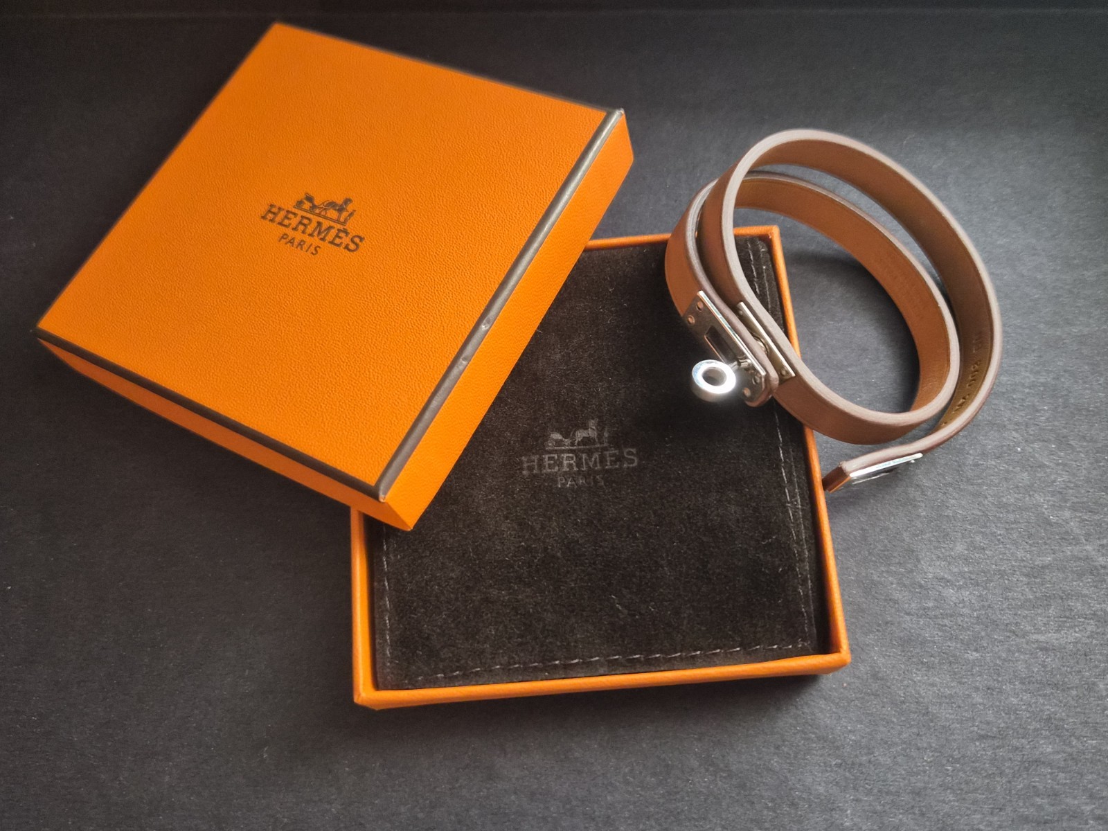 Hermes Mini Kelly Double Tour Leather Bracelet Palladium Plated Lock T3 Box