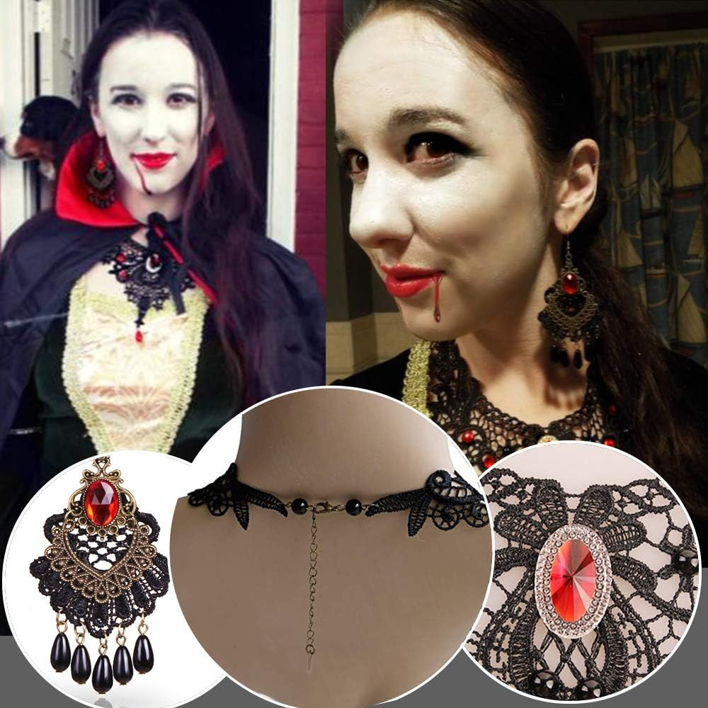 Black Lace Necklace and Earrings Set, Gothic Lolita Red Pendant Choker for a Hal