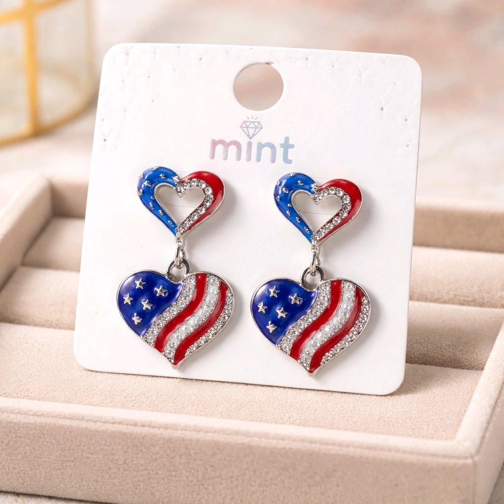 Patriotic USA Flag Heart Dangle Earrings Rhinestone Red White Blue 4th of July
