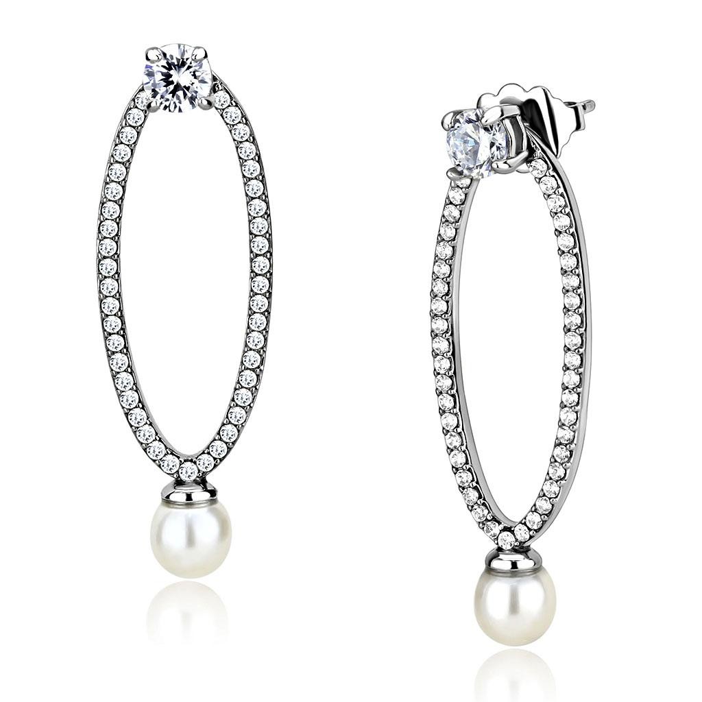 High Polish Oval Shape with Imit Pearl Clear CZ Earrings