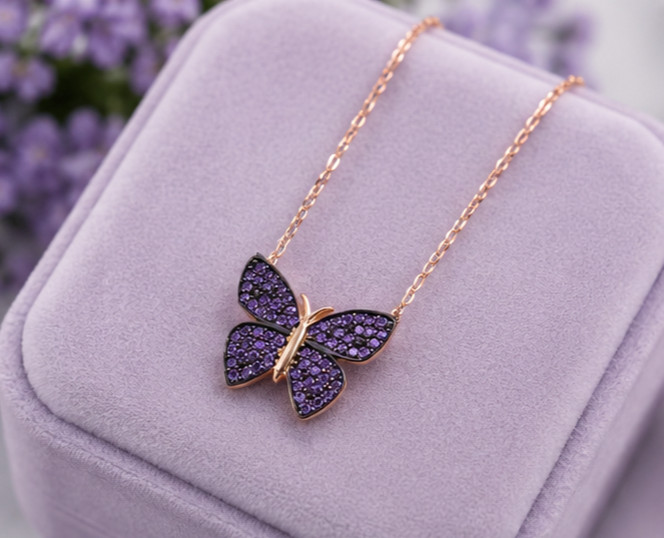 2Ct Round Simulated Amethyst Butterfly Pendant Necklace 14K Yellow Gold Plated