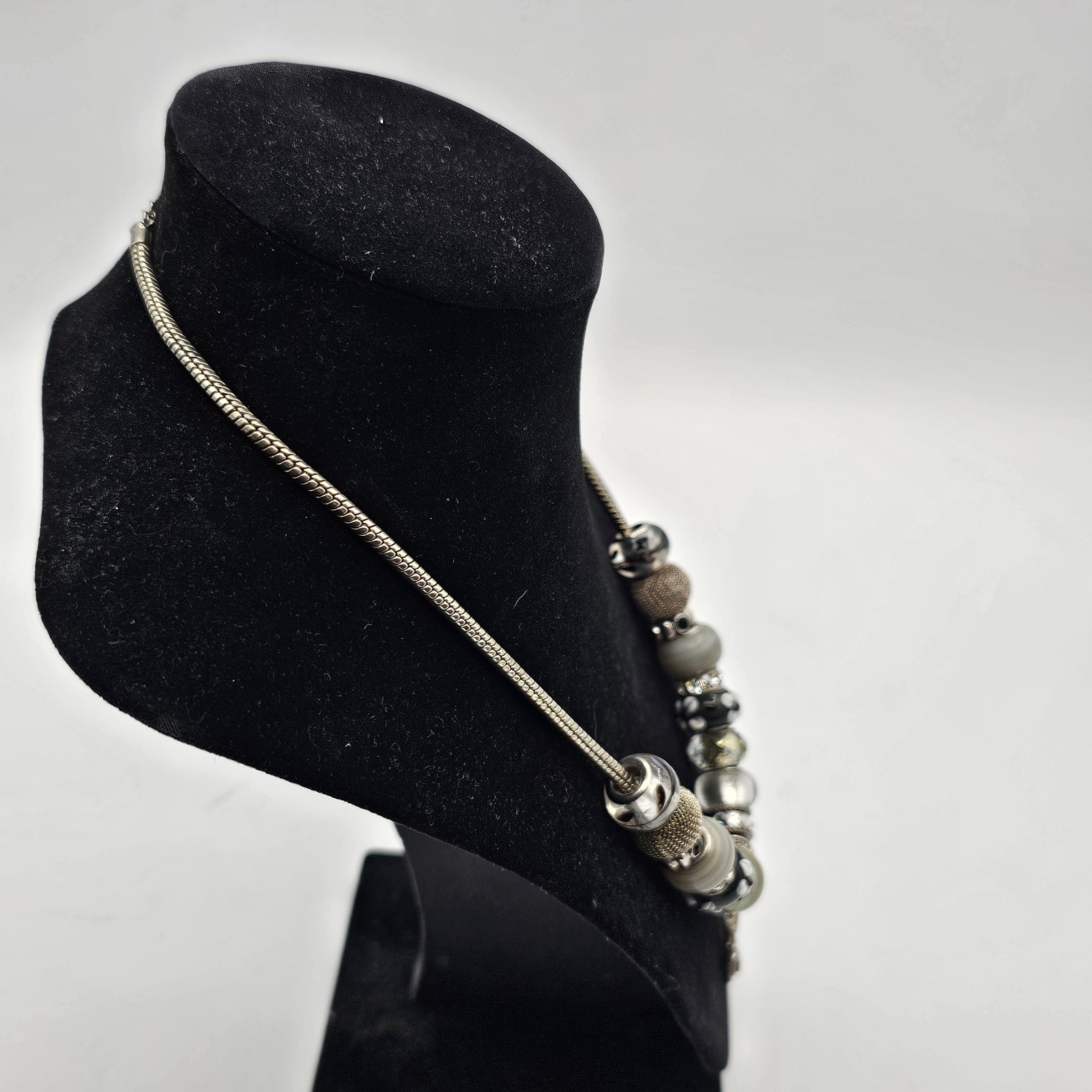 Silver Tone Snake Chain Necklace Mixed Beads Crescent Charm Boho Statement